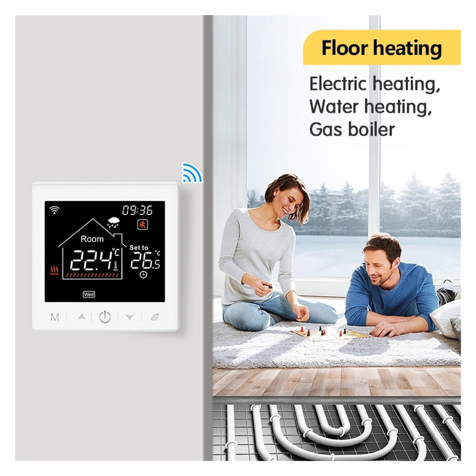 Termostat WiFi Wyświetlacz LCD Ekran dotykowy Kocioł gazowy Elektryczny regulator temperatury ogrzewania podłogowego Inteligentne życie Informacja O ZgodnośCi(Water Heating 3A,No WiFi)