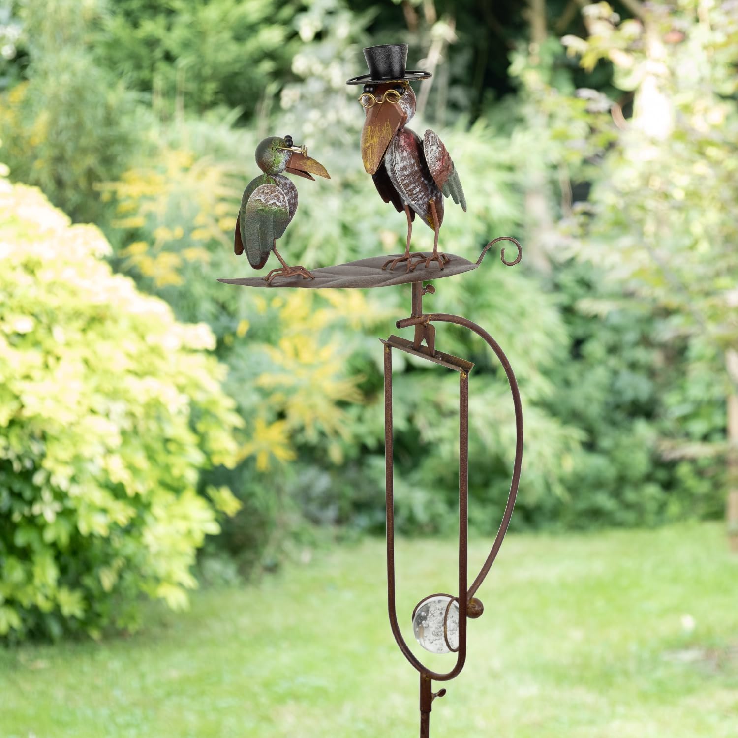 Piquet de jardin décoratif en métal - 150 cm de haut - 2 oiseaux amusants avec cylindre et lunettes sur cadre pendulaire - Résistant aux intempéries - Figurine de décoration de jardin mobile avec