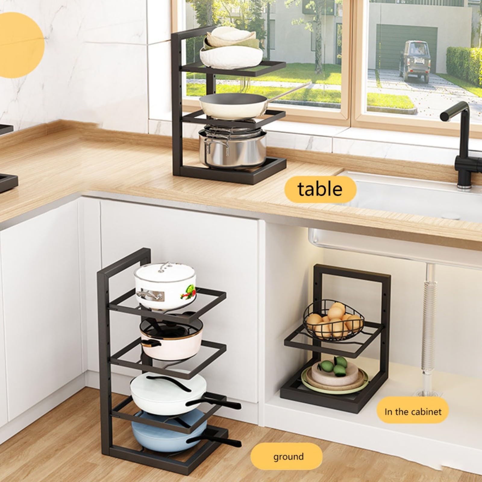 Estante para ollas y sartenes debajo del fregadero para armario de cocina para ollas y sartenes, estante ajustable para ollas y sartenes, solución de almacenamiento de utensilios de cocina que ahorra