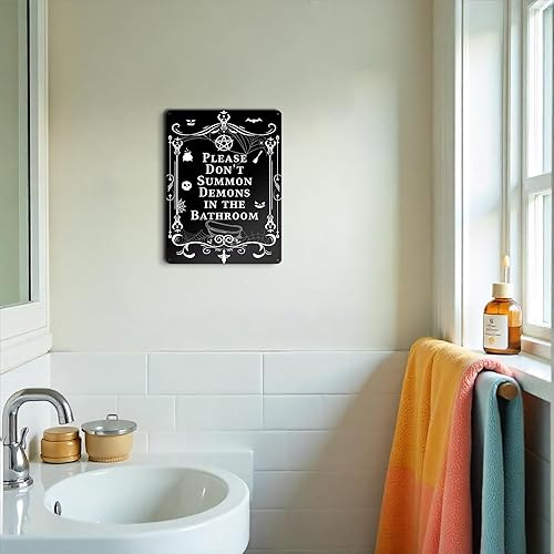 Miniatura 6 de Decoración de baño, divertido letrero de metal negro para el hogar, Halloween, inodoro para colgar en la pared, letrero gótico de baño, 16 x 12
