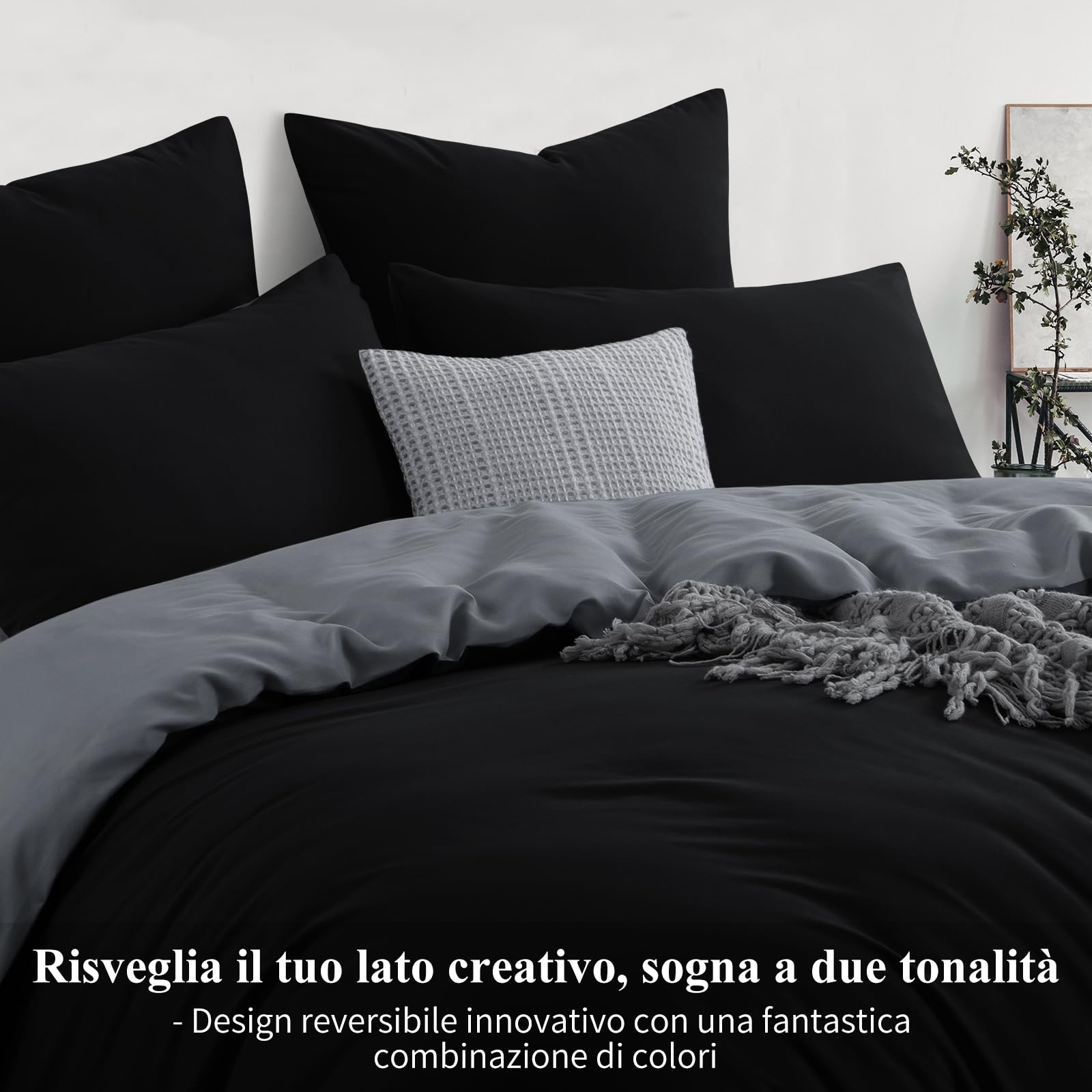 Aisbo Set Copripiumino Matrimoniale 240x220 - Completo Parure Copripiumino Matrimoniale Bicolore 220x240 e 2 Federe 50x80 in Microfibra 3 pezzi Double Face, Nero e Grigio