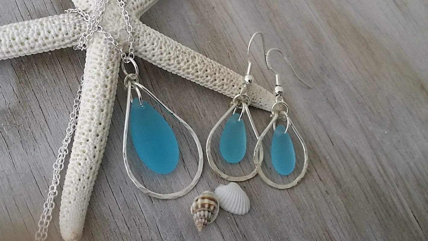 Handmade wire loop turquoise bay blue sea glass Necklace+Earrings Set, December Birthstone, (Hawaii Gift Wrapped, Customizable Gift Message)