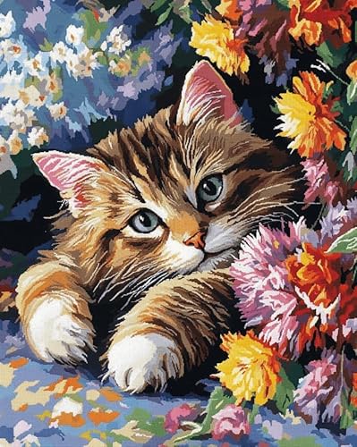 AxiangziK Beginners Stamped Cross Stitch Kits 12x16inch,A cat Lay Under the Bouquet Range of Embroidery Starter Kits for DIY Printed Cross Stitch Pattern 11CT Needlepoint