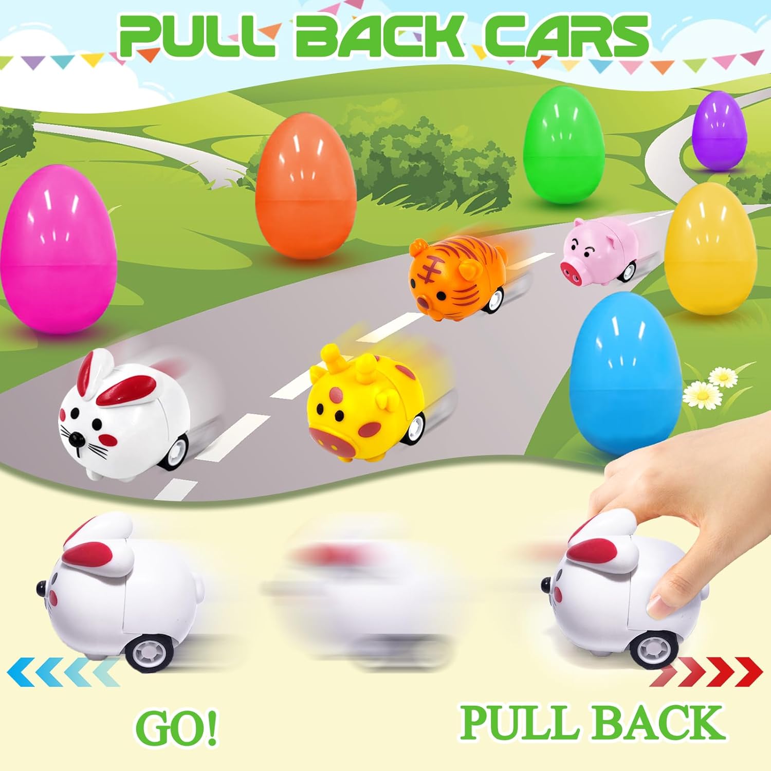 12 PCS Easter Eggs Filled with Animal Pull Back Car Toys, Easter Basket Stuffers for Kids Toddlers Boys Girls, Easter Eggs Fillers Stuffers for Easter Hunt, Animal Vehicle for Party Favor