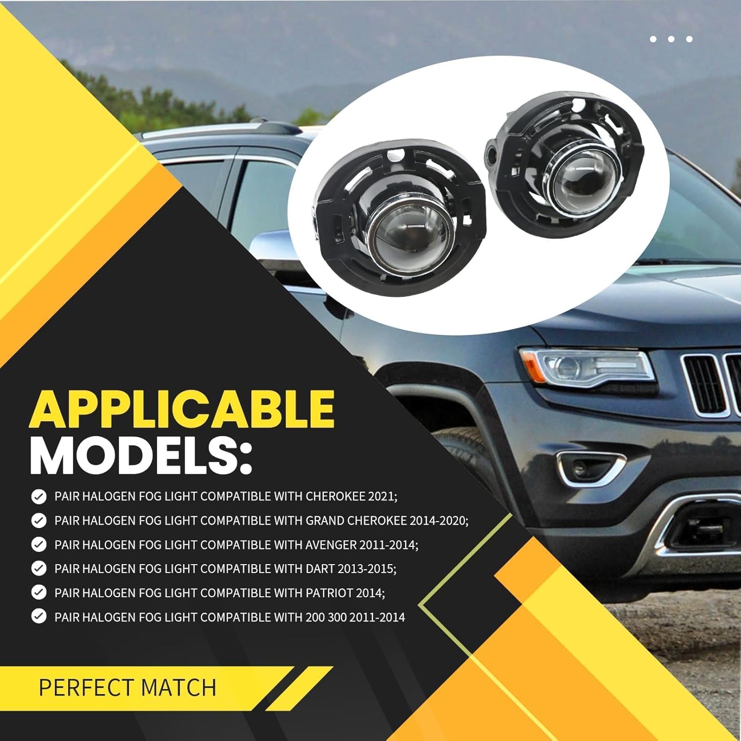 Pair Halogen Fog Light Assembly Compatible with Cherokee 2021/ Grand Cherokee 2014-2020/ Avenger 2011-2014 Left and Right Side Front Fog Lamp 5182021AB