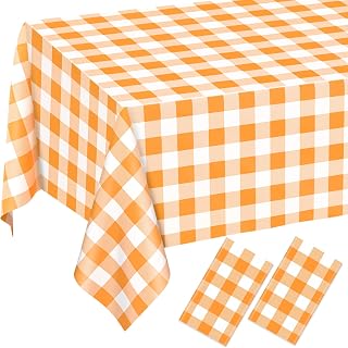 QISOLIY 2 Pack Orange Gingham Tablecloths, 54 x 108 Inch Orange and White Checkered Plastic Table Covers, Disposable Rectangular Plaid Tablecloths for Picnic, Birthday, Camping, Wedding, Party Decor
