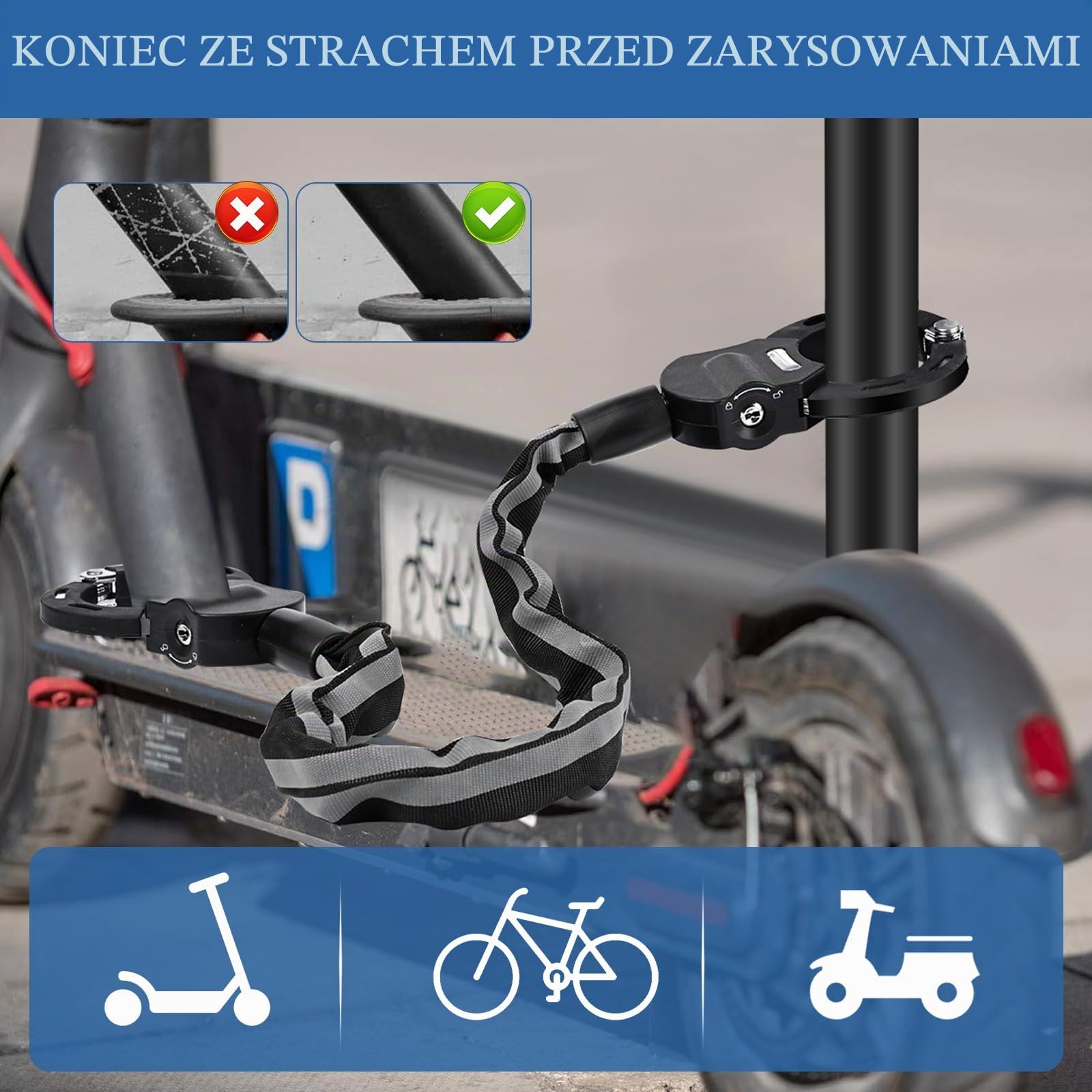 Kłódka do hulajnogi elektrycznej, zamek antykradzieżowy z kluczem i wodoodporną torbą