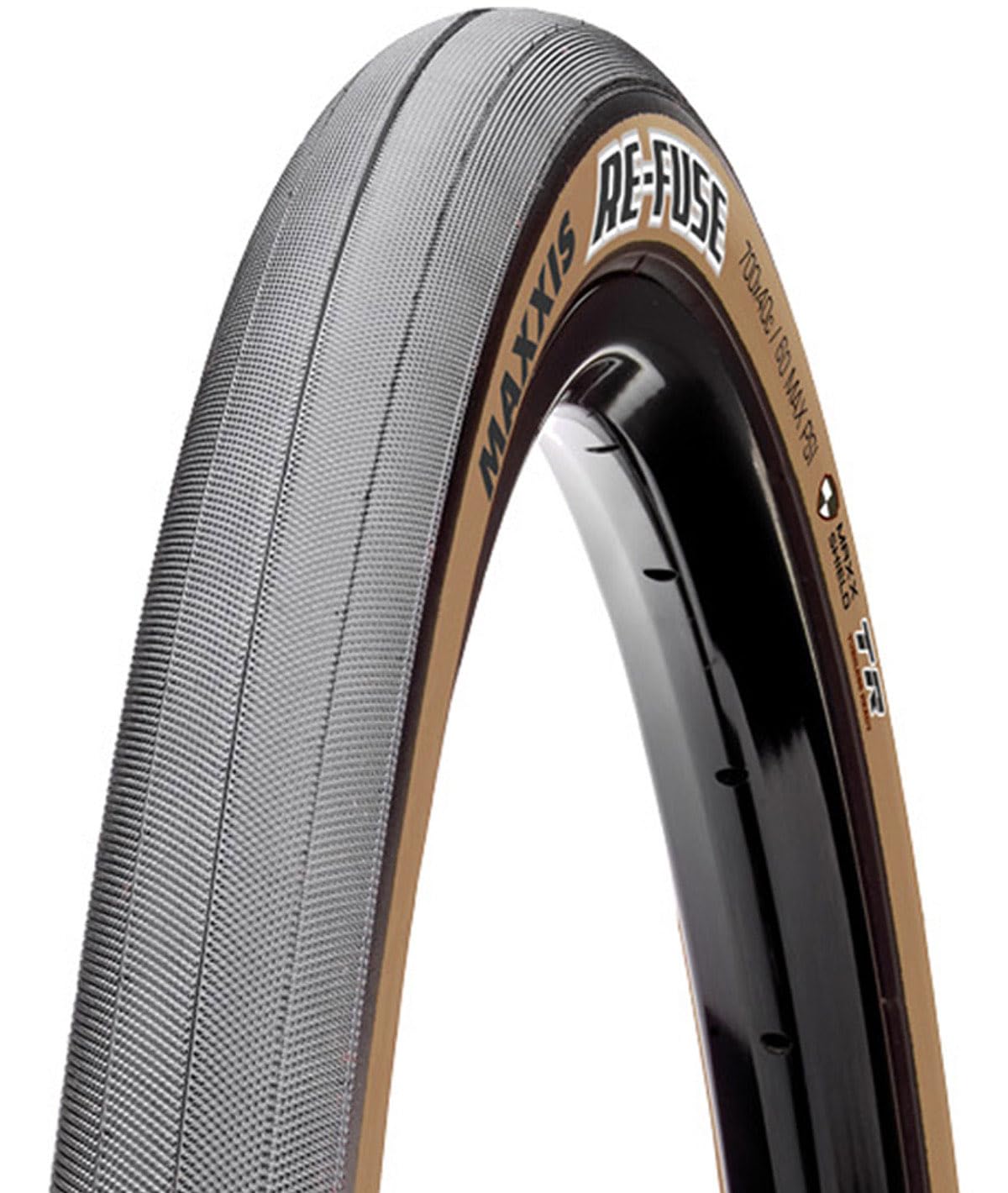 Maxxis Re-Fuse Bicycle Tyre with Folding Bead 700x40C Dual Compound/MaxxShield/Tubeless Ready, Tan Wall, Black & Tan