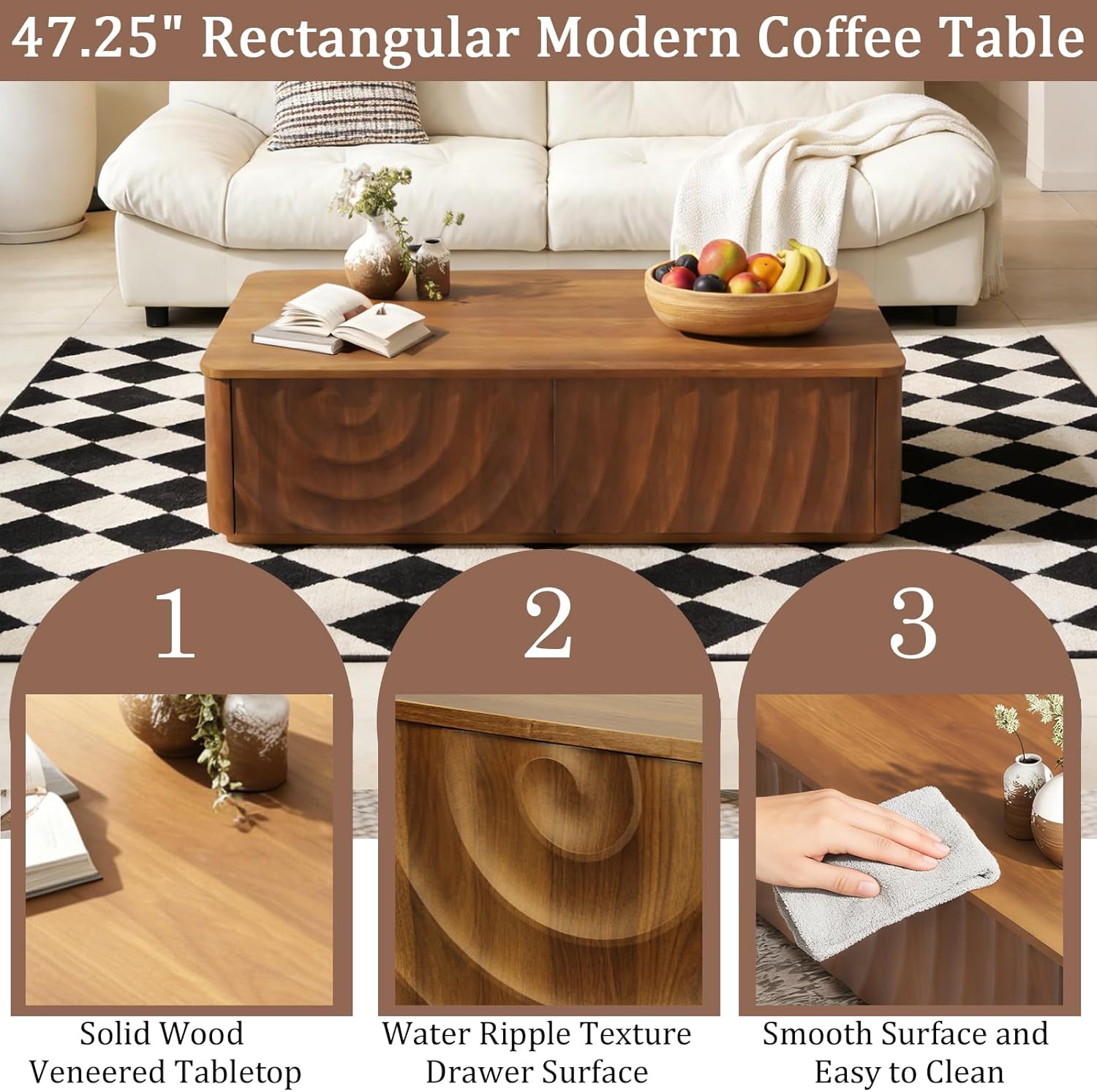 Wooden Coffee Table, 47.2" Rectangle Mid Century Modern Water Ripple Texture Center Table with 2 Drawers, Cocktail Tea Table with Safe Curved Corners for Living Room Home Office, Walnut