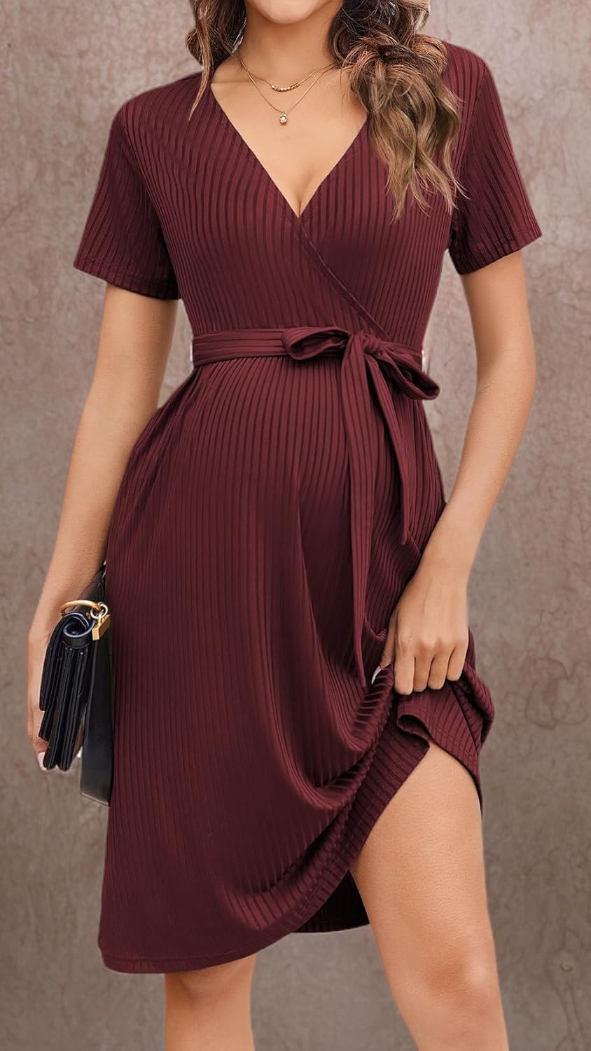 Ekouaer Women Short Sleeve Maternity Nursing Dress Casual V Neck Breastfeeding Loungewear Ribbed Knit Pregnancy Dresses S-XXL - Image 6