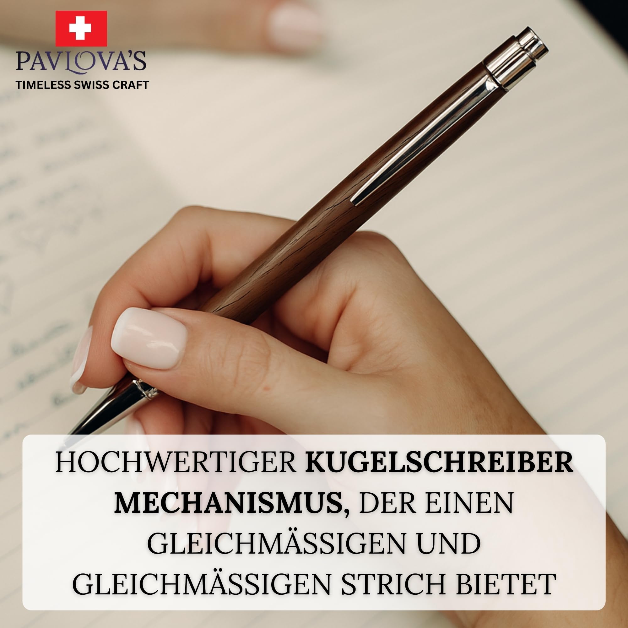 PAVLOVA’S Schweizer Kugelschreiber aus Walnussholz & Edelstahl – Sanftes Schreibgefühl – Ergonomisches Design – Schwarzer Mine & Blauer – 10 Jahre Garantie – 10 Jahre Garantie – Limitierte Edition