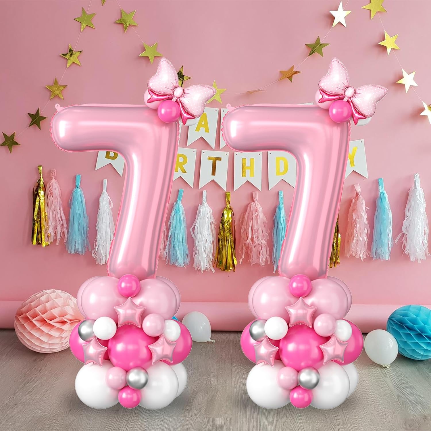 40 Inch Pink Number 7 Balloon for 7th Birthday Decoration Pastel Baby Pink Number Seven Foil Balloon Tower Giant Large Digit Hot Pink White Helium Balloons Stack Stand for Girl Anniversary Party - Image 4