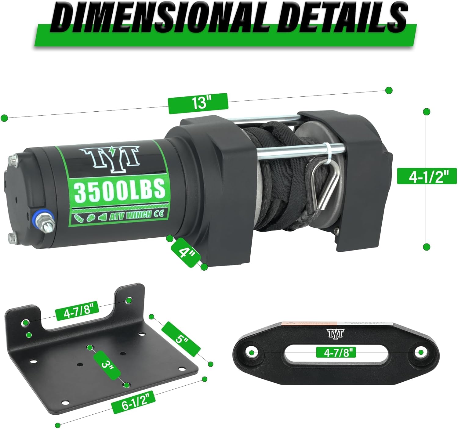 TYT 3500 lb ATV Winch, 12V DC Electric Winch with Wireless Remote and Wired Switch, 7/32"x 30FT Synthetic Winch Rope with Fairlead and Winch Mounting Plate