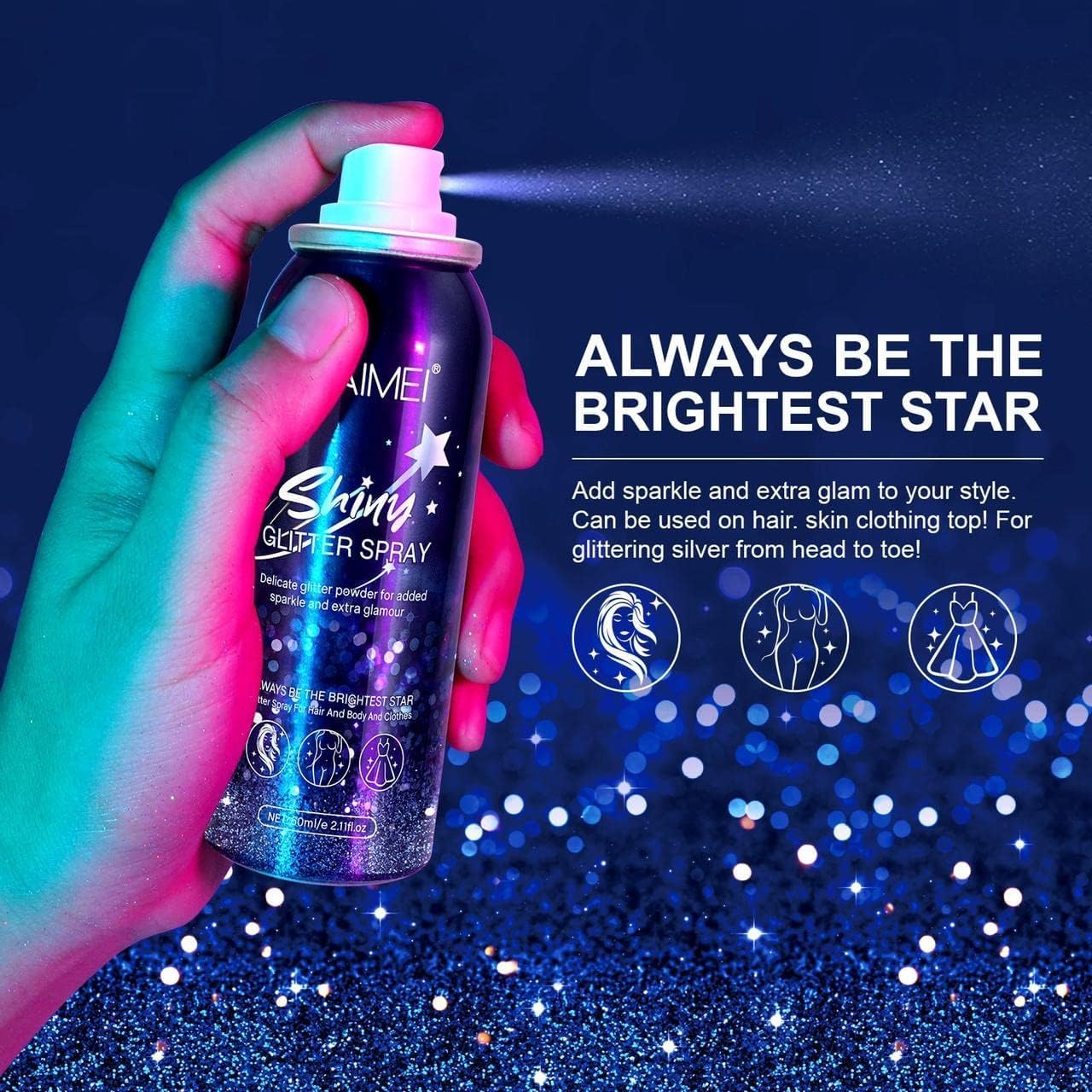 Tuz Shiny Glitter Spray for Body and Hair - Quick-Drying Waterproof Shimmery Night Club Party Star Sky Sparkling Spray (2.11 oz) 60ml