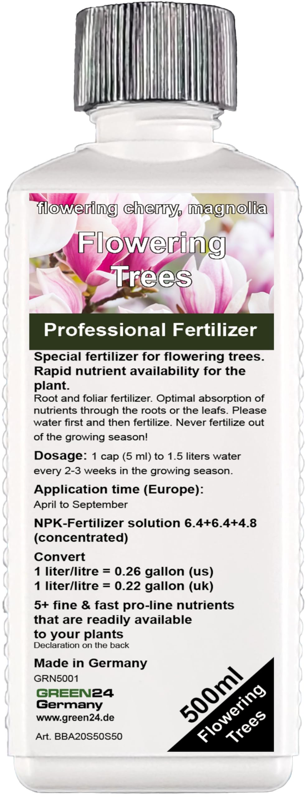 GREEN24 Engrais complet HIGH-TECH NPK pour arbres à fleurs, engrais pour magnolia, tulipier de Virginie, paulownia, catalpa, cerisier du Japon, cornouiller du Japon, etc. 500 ml concentrer
