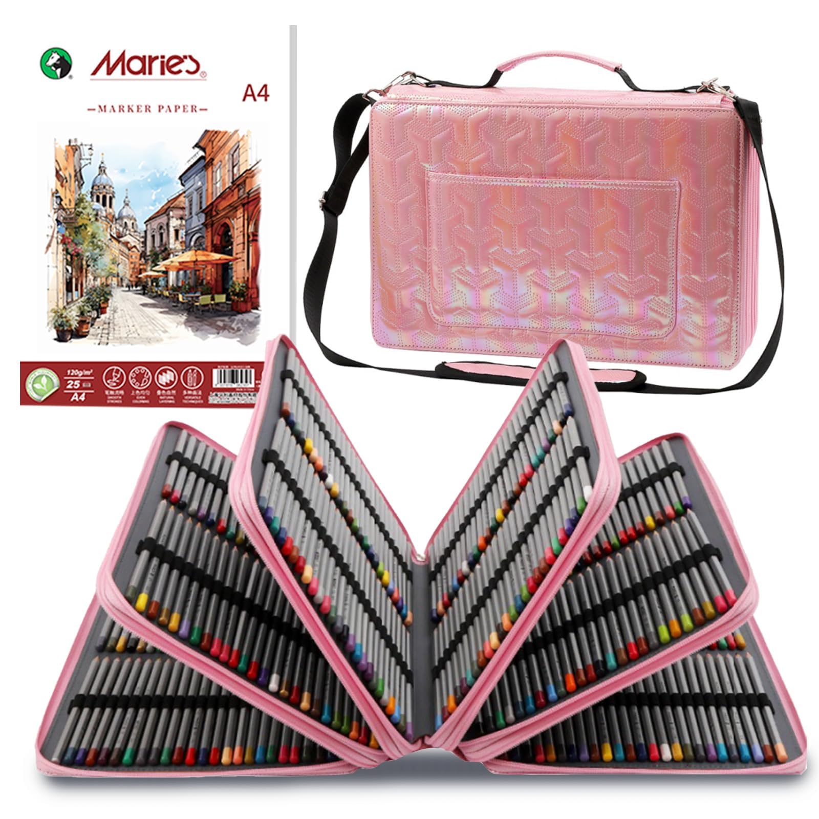 Klein bottle Farbiges Federmäppchen mit 500 Fächern, großes Fassungsvermögen, Organizer-Tasche für Buntstifte, Marker, Gelstifte und große Prisma-Marker, 5-lagiges, glänzendes, wasserdichtes Kunstetui