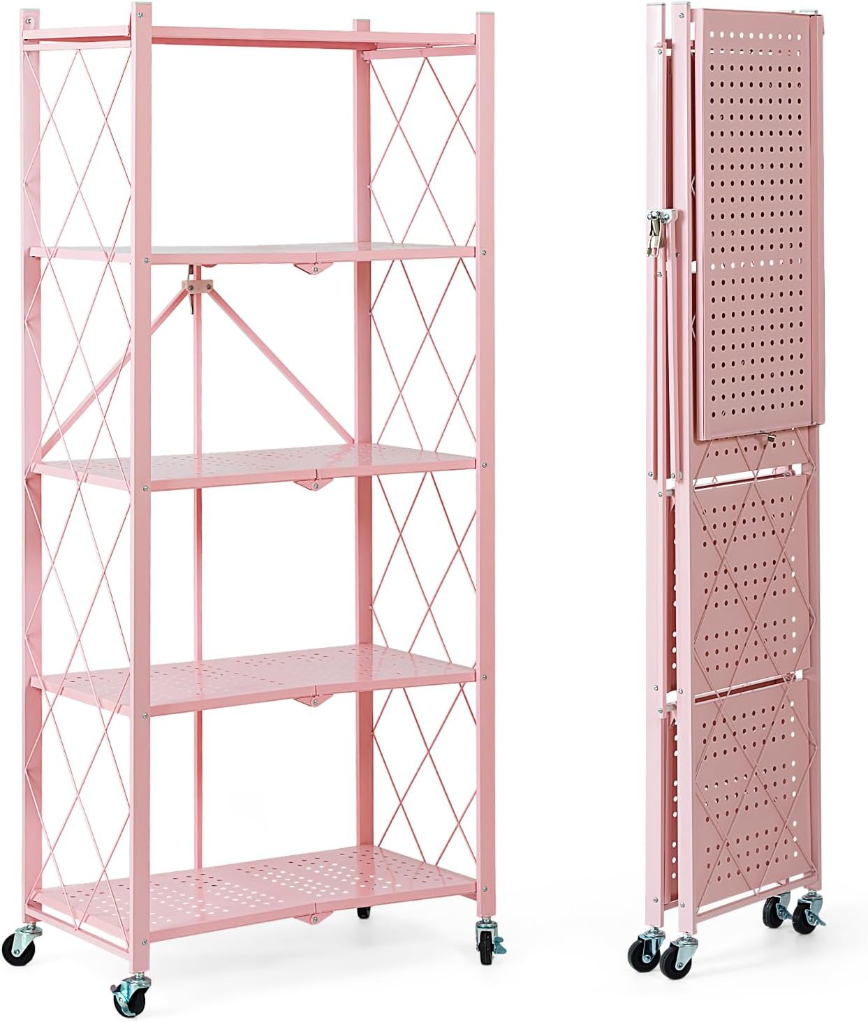 BRIAN & DANY 5-Tier Foldable Storage Shelves with Wheels, Folding Metal Rack Shelving Unit, Heavy Duty No Assembly Organizer Shelf for Garage, Kitchen, Basement, Pantry, Pink 5-Tier(Pink)