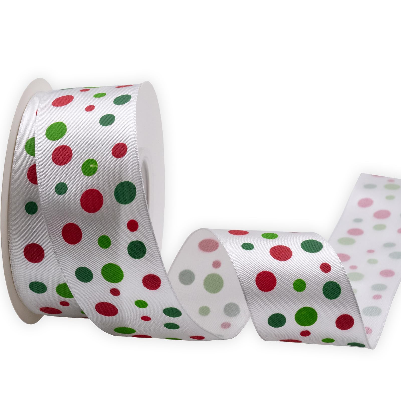 XMLMSH Satin Polka Dot Wired Edge Ribbon,1-1/2 Inch,10 Meters Spool,White with Multi Dots,Use for Hair Bows,Gift Wrapping,All Crafting and Holiday
