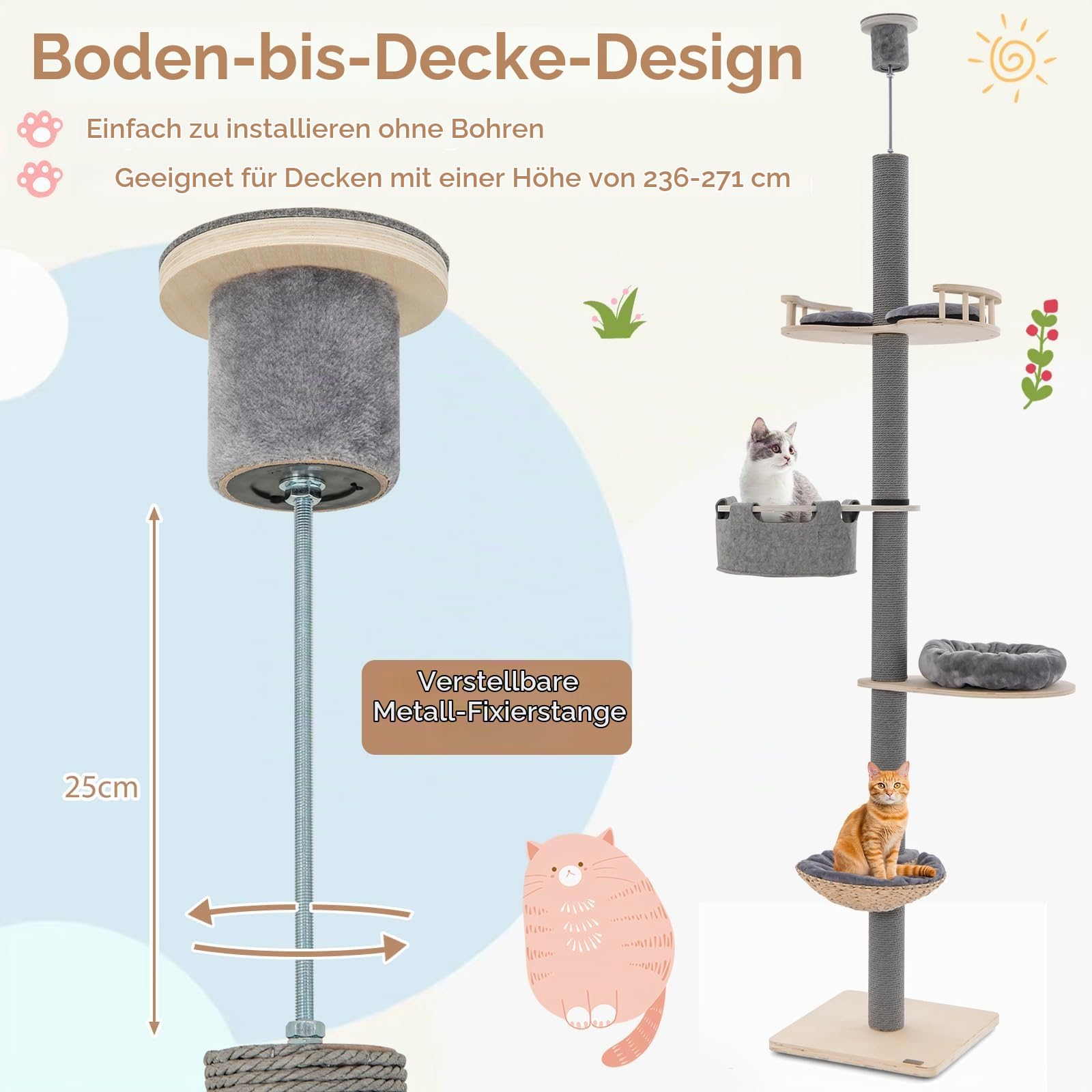 SOARS Kratzbaum deckenhoch, 236-271 cm hoher Katzenbaum mit 4 Ebenen, Liegemulde, 10 cm dickem Stamm, Katzenkratzbaum Deckenspanner höhenverstellbar, Kletterbaum für Katzen