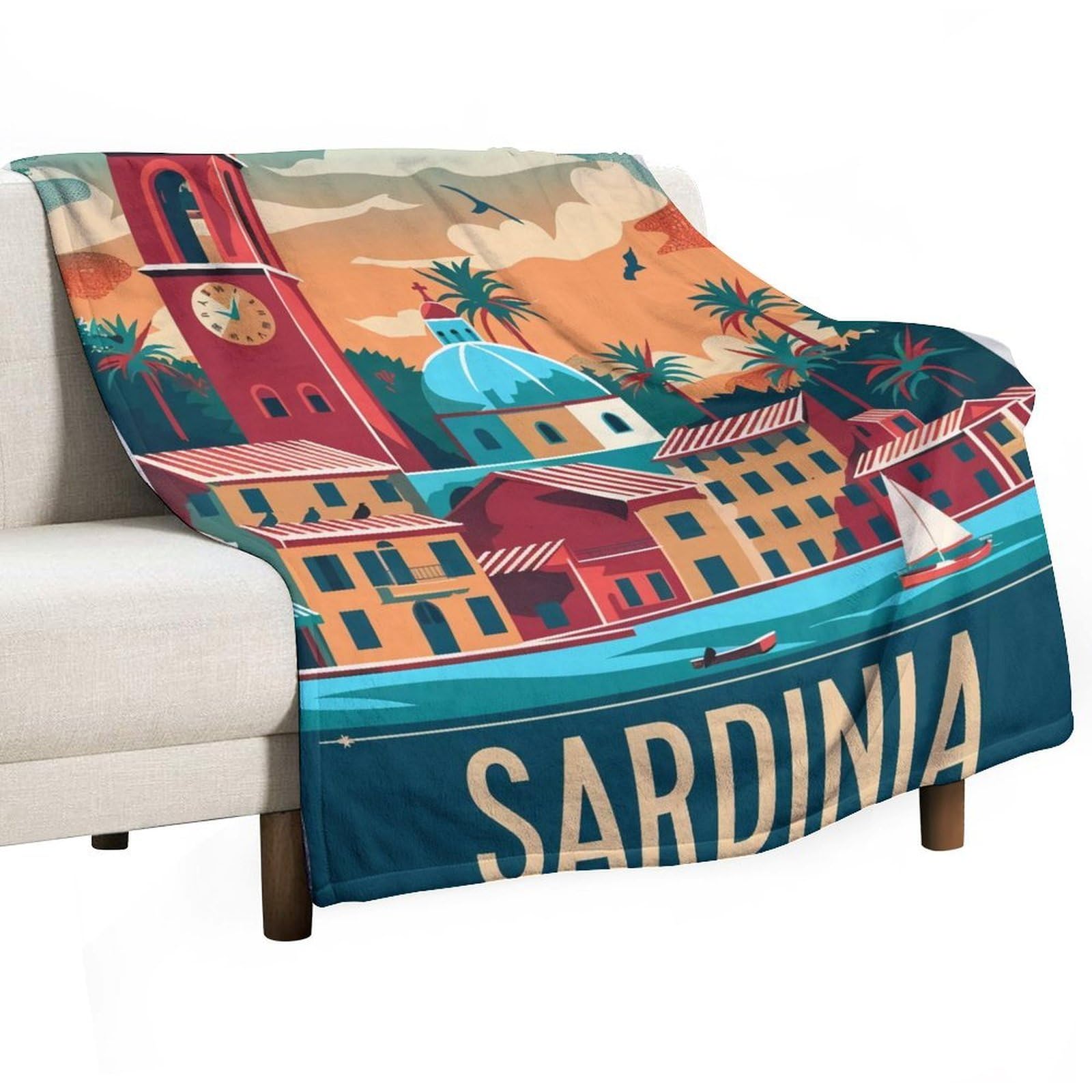 YHGSREUOH Mediterranean Sardinia Sunset Church Bell Tower 02 Flannel Blankets Fleece Soft Throw Lightweight Plush Gifts for Couch, Bed, Cozy Sofa Plush, Chair, Lovers 130x150cm(50x60in)