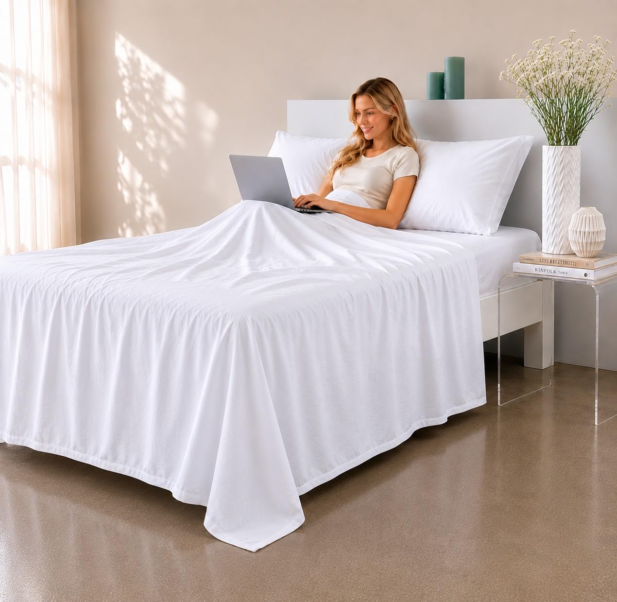 COTTON ARTean Set di lenzuola 200 x 200 raso cotone egiziano 300 fili LEUNA bianco 4 pezzi: sopra, 2 federe per cuscino, lenzuolo regolabile