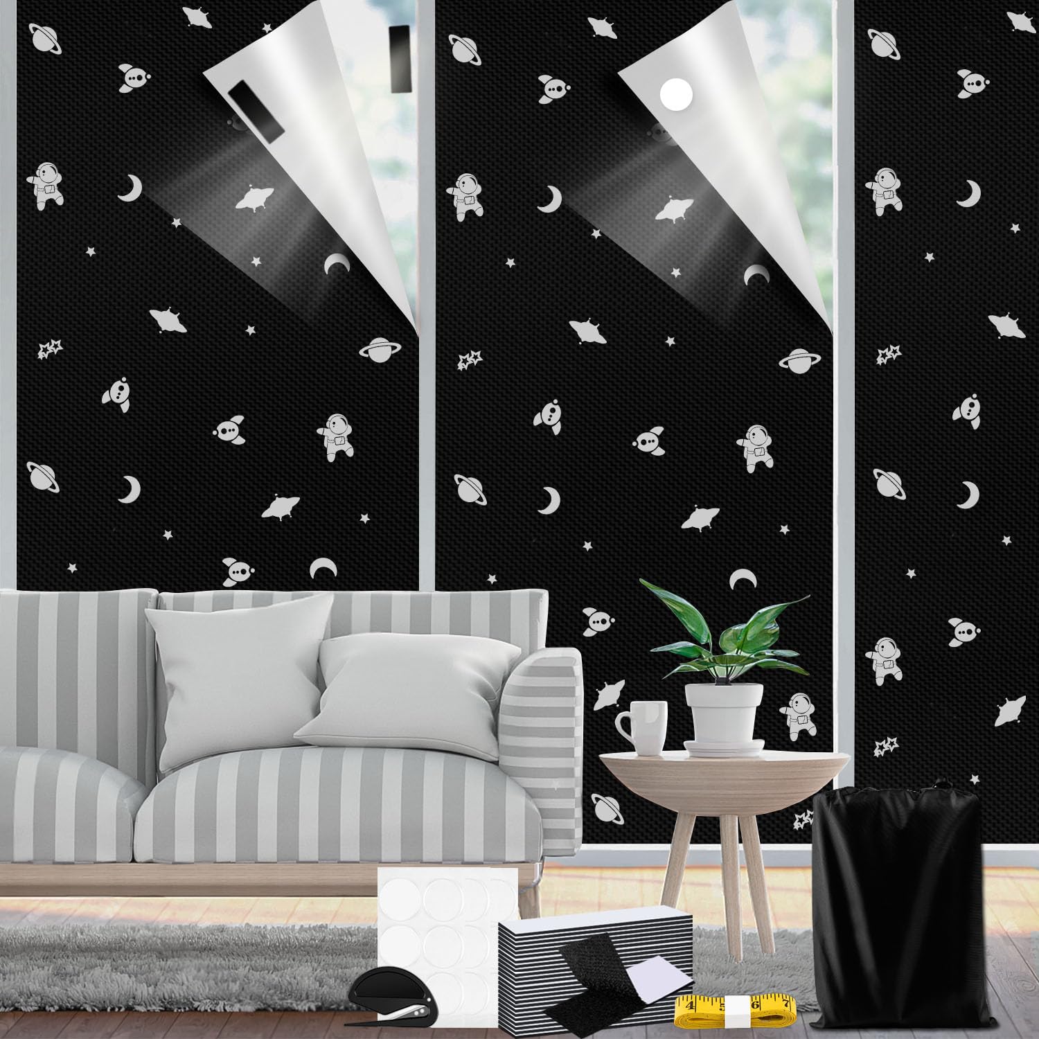 blackout blinds stick on 300X145cm,Patterned blackout fabric Temporary 100% Blackout Material,Easy to Stick - Portable Blackout Blinds Fits Any Window Shape