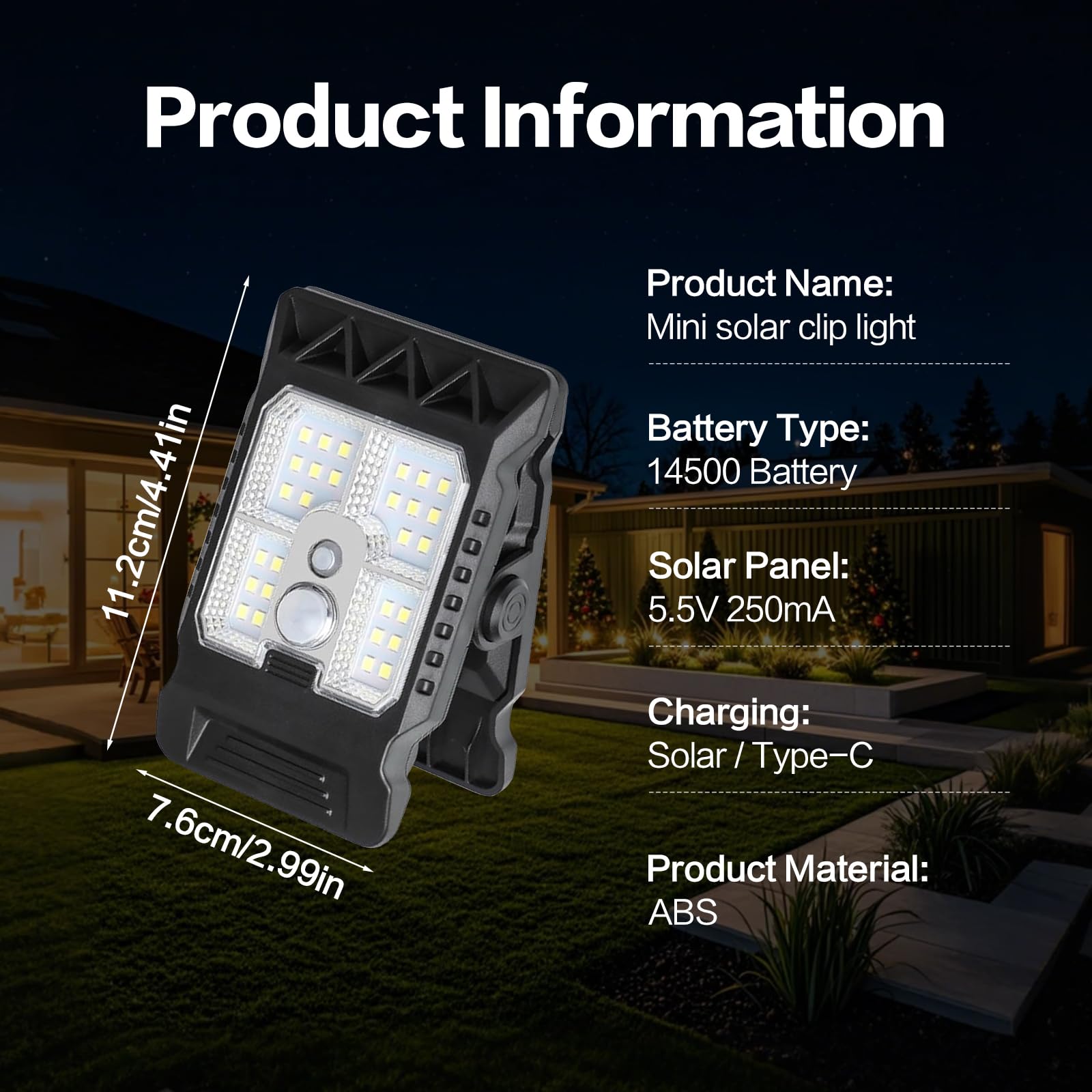Luce solare a clip con sensore di movimento, 2026, luce LED portatile per esterni, per campeggio, 3 modalità, luci solari di movimento per esterni, impermeabile per recinzione, ponte, garage