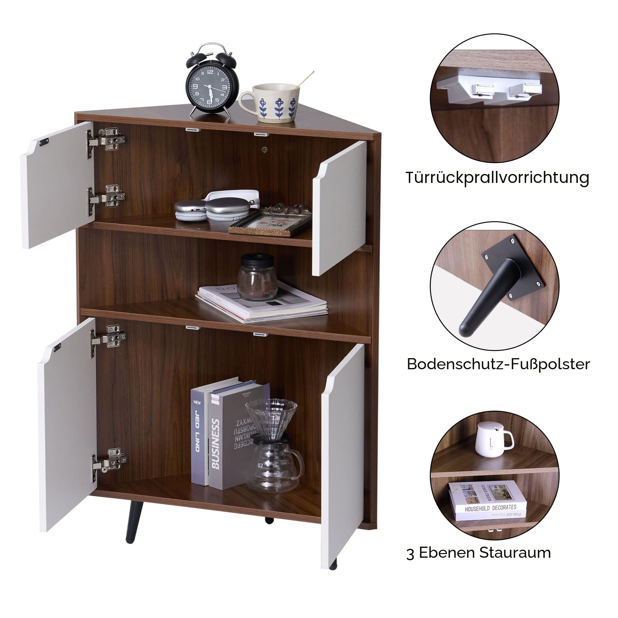 DlandHome - Eckschrank mit 4 Ebenen, freistehende Aufbewahrungsmöbel mit Türen und Regalen für Küche, Wohnzimmer, Eingang, Teak