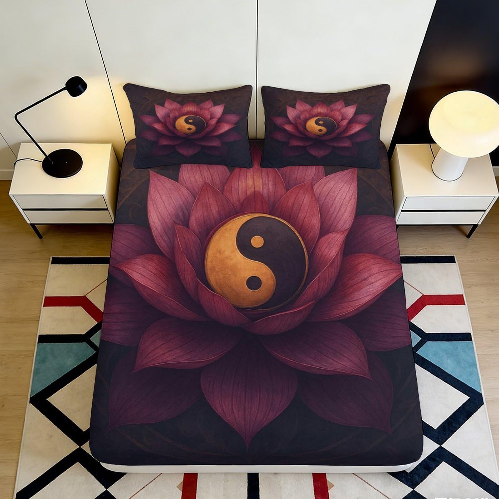 3D Printed Lotus Yin Yang Fitted Sheet Microfiber Deep Pocket Bedroom Bedding Lotus Yin Yang Mattress Fitted Cover Elastic Washable 200x200x25cm