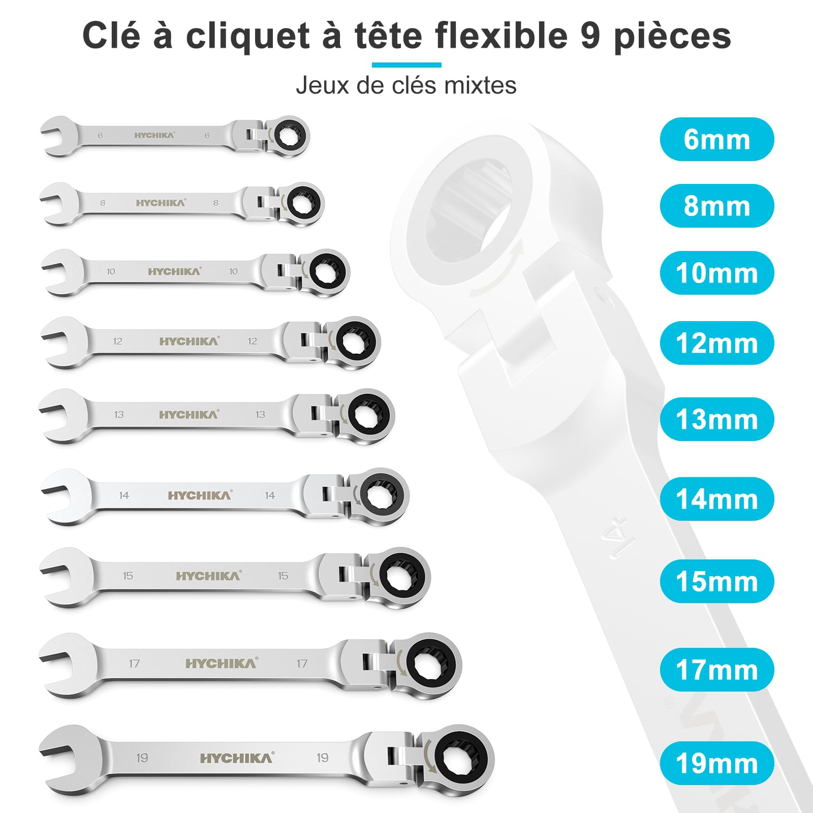 HYCHIKA Clé Plate à Cliquet 9Pcs, Cle Plate 6-19mm Métrique, Clés Mixtes Cle Plate a Cliquet pour Réparation Automobile/Travaux de Bricolage