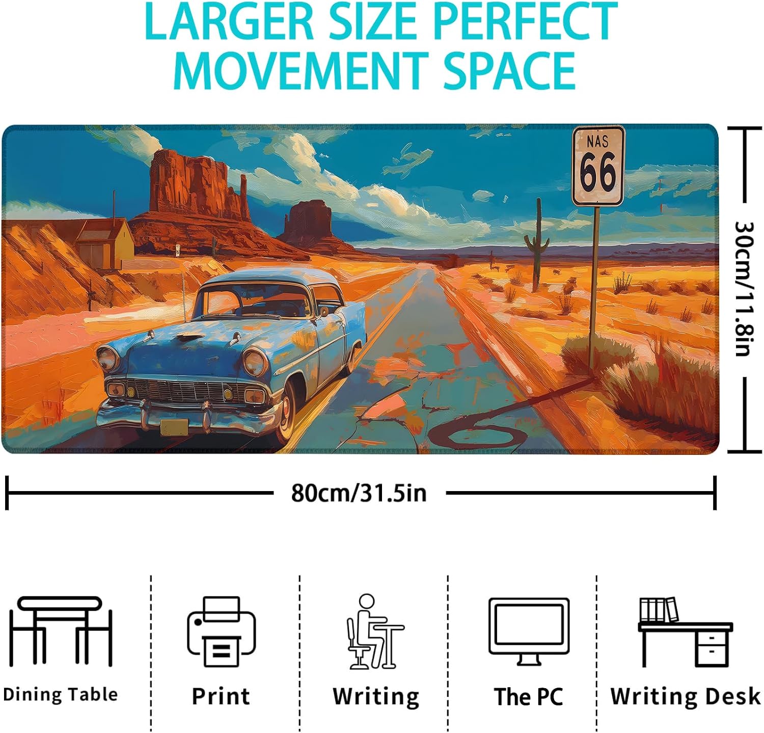 Gaming Mouse Pad, Vintage Car Route 66 Mouse Pad, Desk Mat, Non-Slip Rubber Base MousePads for Computers Laptop Office School Home Accessories Decor 31.5" x 11.8" image 3