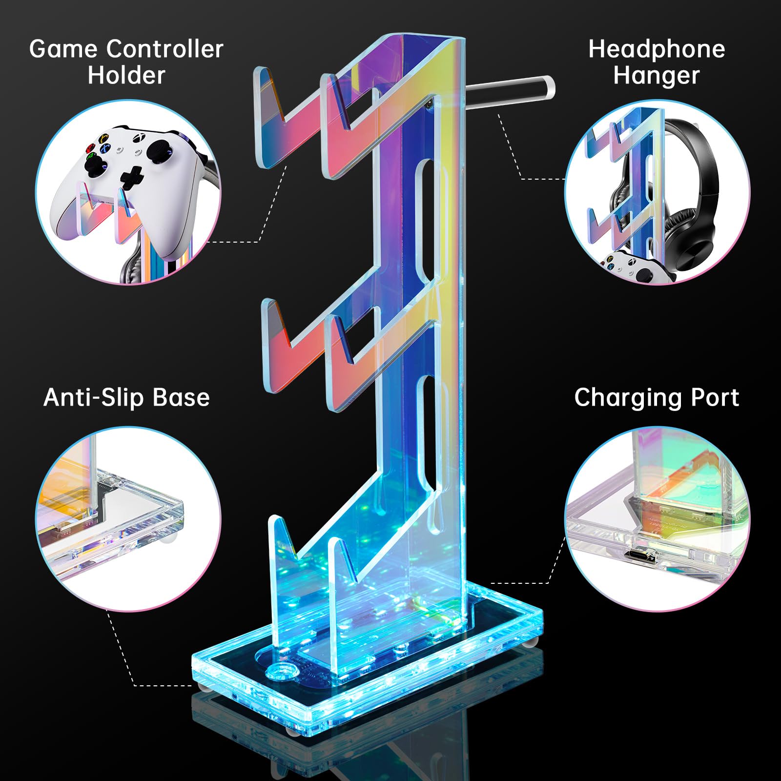 NiHome Iridescent Acrylic Multi-Tier Game Controller & Headset Holder Stand with Customizable LED Lighting, USB-Powered 7 Colors & 3 Modes, Anti-Slip Gaming Desk Organizer & Cable Management (3 Tiers)