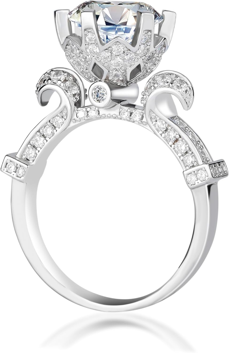 YSDD 3 Carat Moissanite Engagement Ring for Women, Brilliant Cut Round Center Stone, Pave Side Stones, 925 Sterling Silver Plated 18K White Gold Bridal Wedding Band