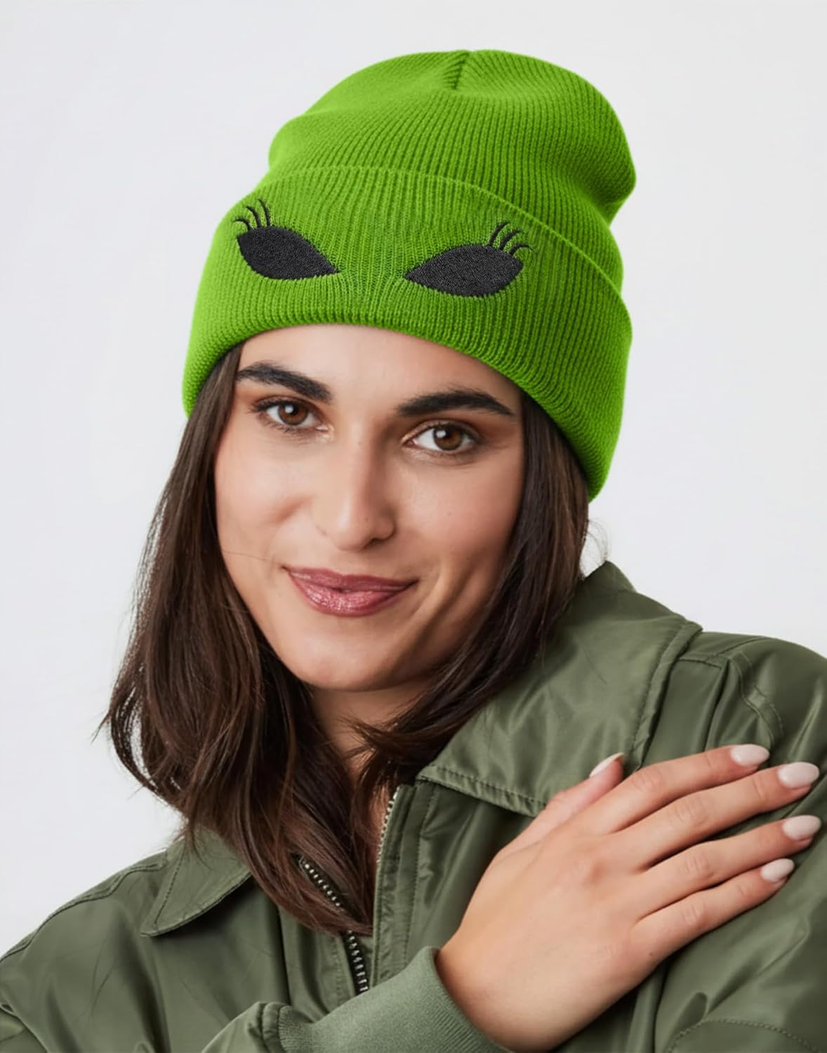 Funny Alien Beanie Hat with Big Eyes - Cuffed Cool Graphic Beanies Knit Winter Hats Warm Soft Stretchy Daily Cap - Image 7