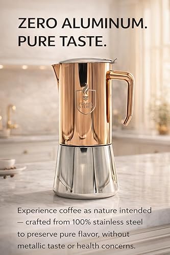 Miniatura 3 de FIAMMA & FERRO Máquina de café expreso para estufa, 12 tazas (20z), acero inoxidable de alta calidad con acabado PVD de cobre, compatible con
