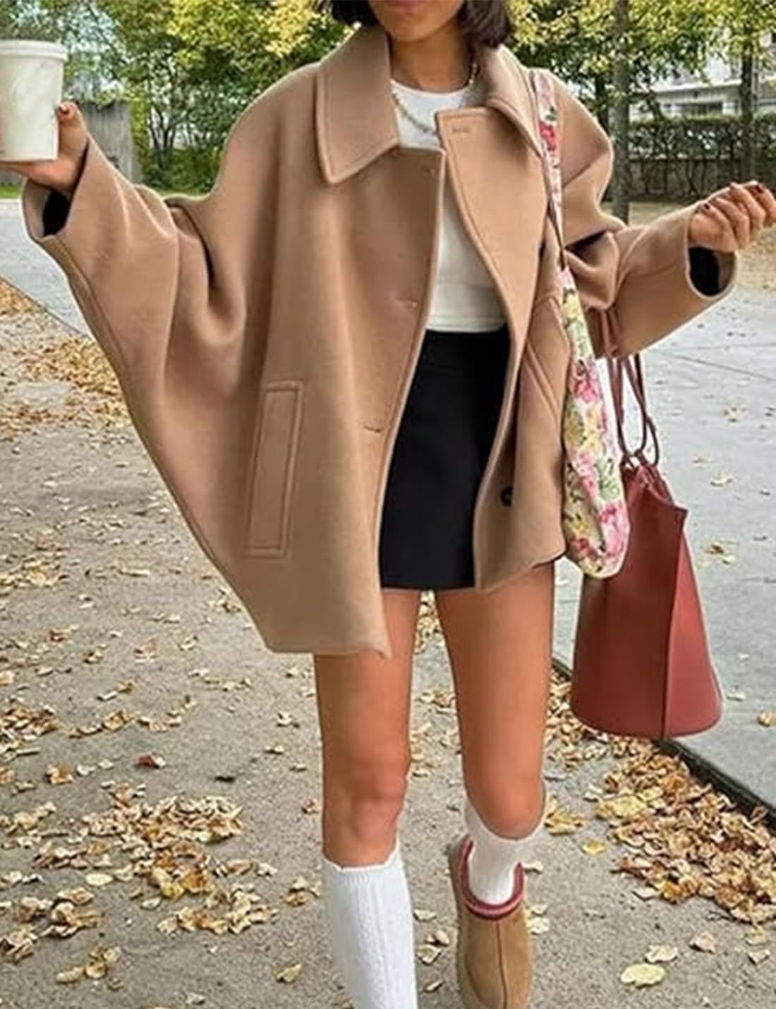 Cappotto Monopetto Elegante da Donna Caldo con Risvolto Abbottonato e Tasche Stile Street Fashion Giacca Corta in Tweed Maniche a Mantella