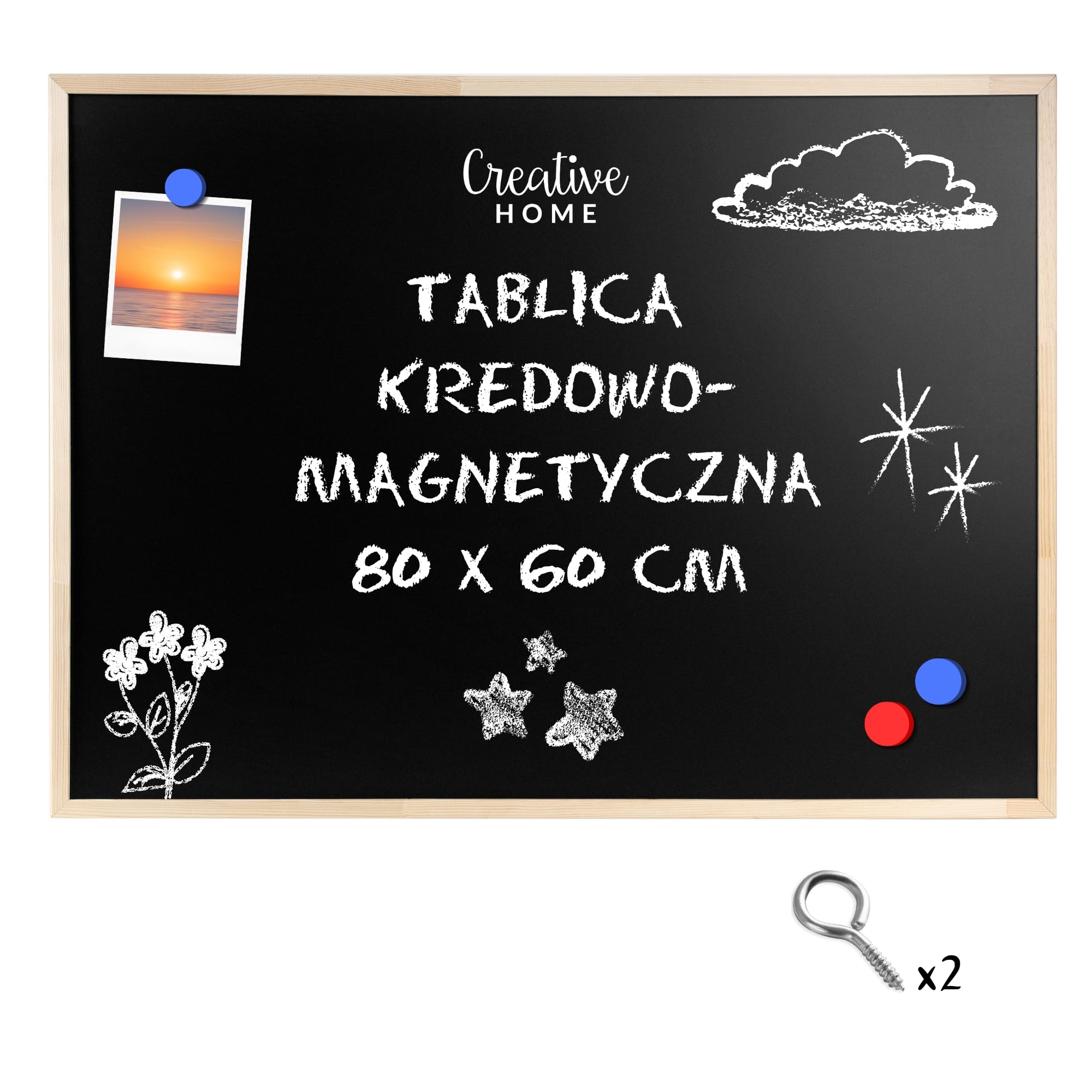 Creative Home 80 x 60 cm (+-2cm) Tablica 2 w 1 Kredowo - Magnetyczna | Informacyjna | Czarna z Drewnianą Ramą | Do Domu, Biura, Szkoły | Wyprodukowana w UE | 2 Haczyki Montażowe