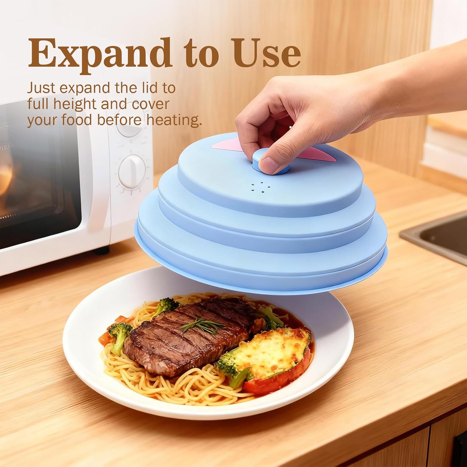Collapsible Microwave Cover with Water Steamer – Silicone Splatter Cover & Steam Lid, 10 Inch BPA Free, Dishwasher Safe, Easy Storage for Reheating & Steaming Food