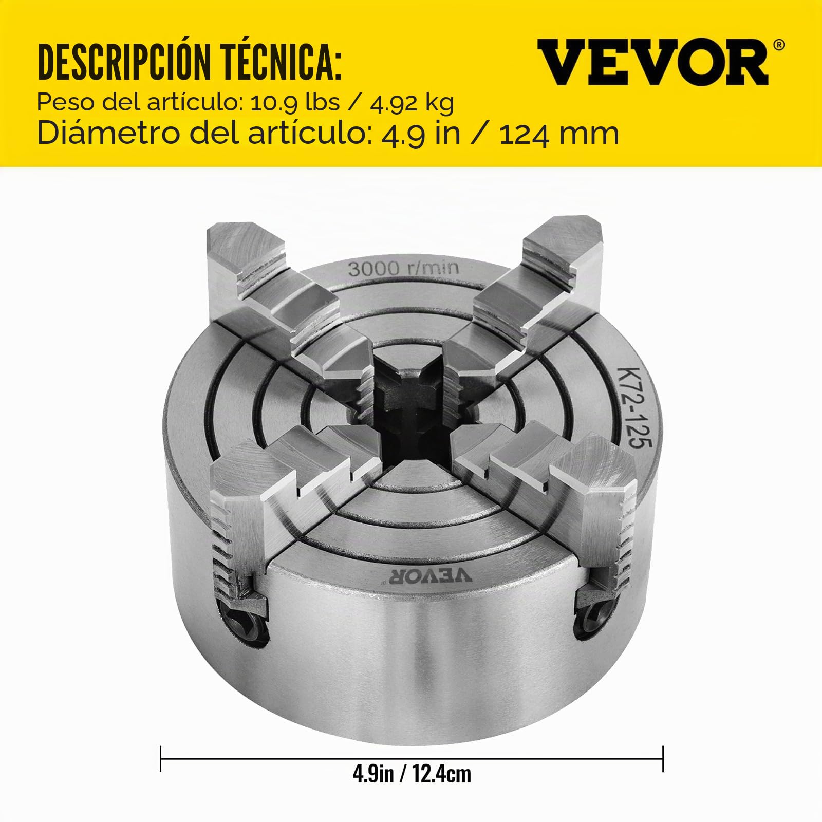 Mophorn K72-125 Mandril De Torno Autocentrante 160 mm, Torno de Mandril Autocentrante de 4 Mordazas de 4,92" (125 mm), Fresado de Rectificadoras Internas y Externas Accesorios de Torno de Herramientas