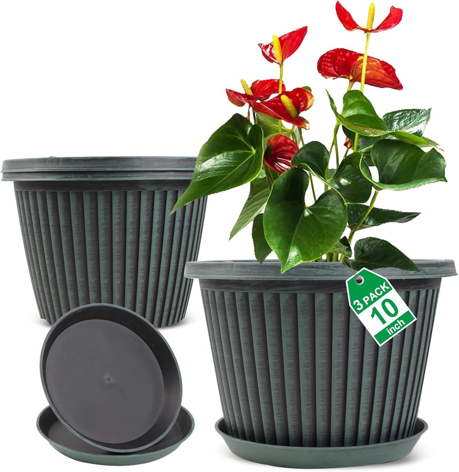 Plant Pots Set of 3 Pack 10 inch, Large Flower Pots with