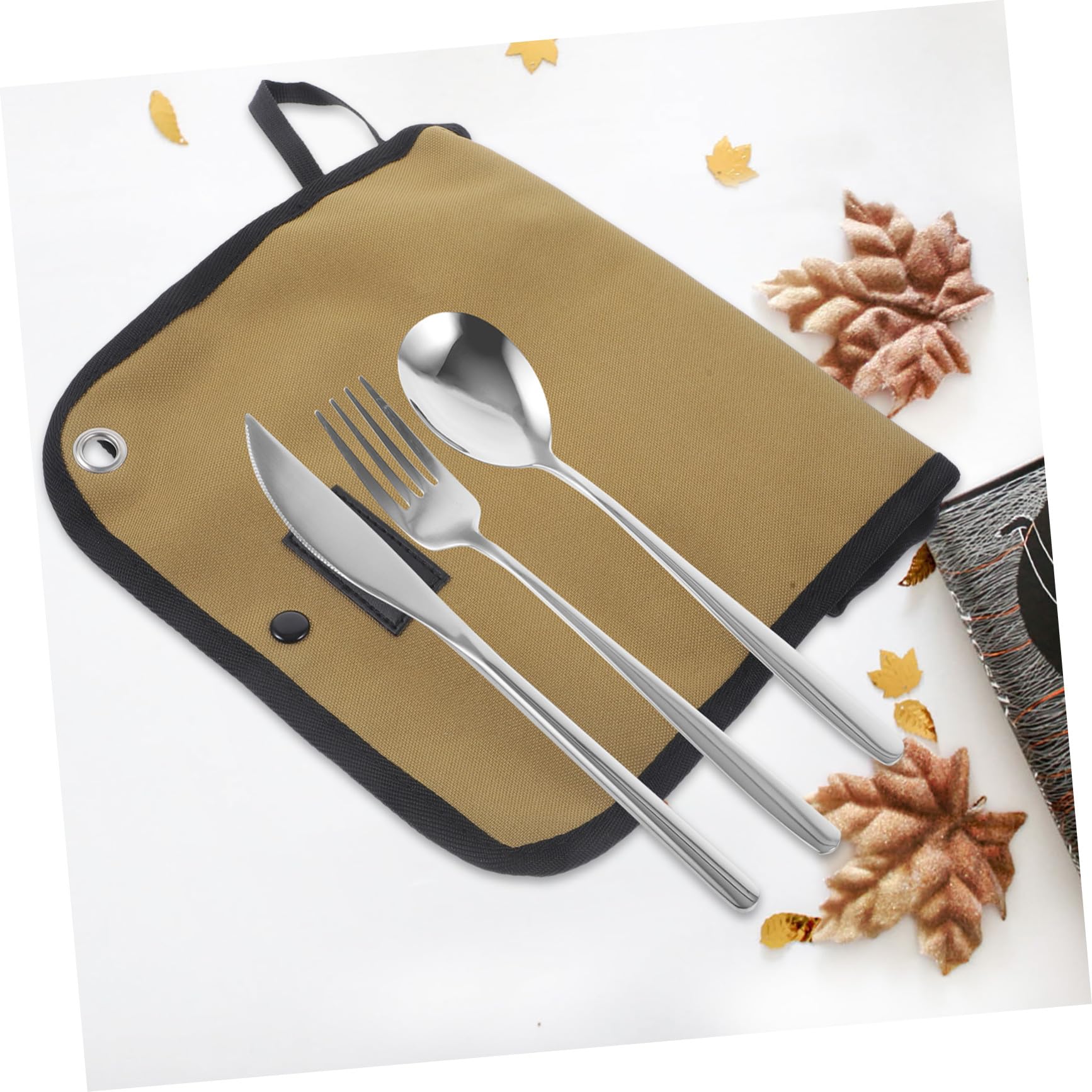Tragbares Besteckset 1 Satz aus Edelstahl, Silber, mit Tasche | Picknickzubehör, Kompakt Verstaubar, Nylon Bestecktasche, für Restaurant und Outdoor Einsatz