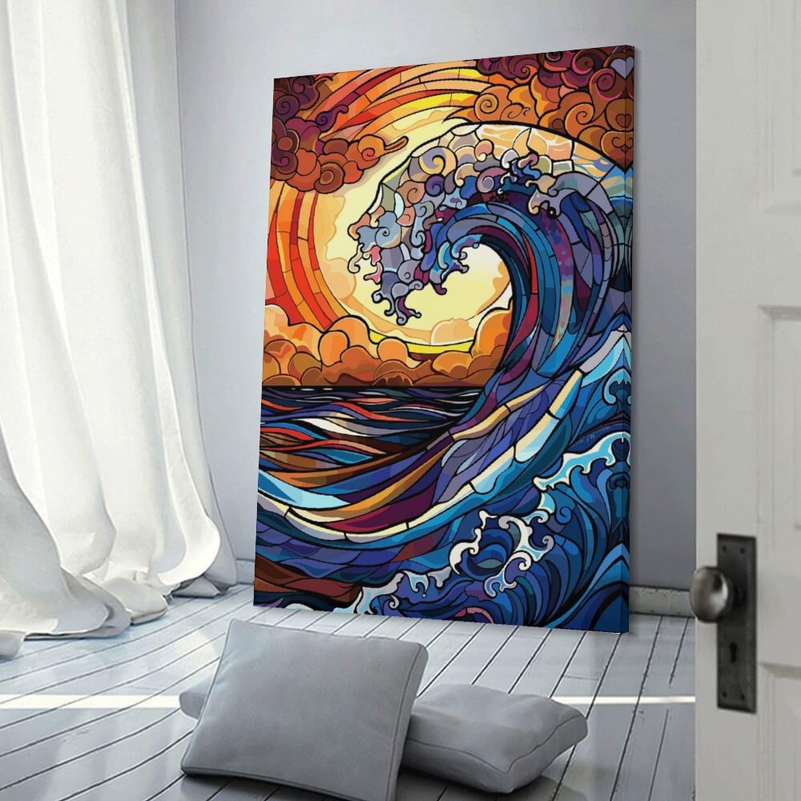 Junmoney Stained Glass Ocean Wave Room Decor Wall Art 20x30inch(50x75cm), for Wall Displays, Bedrooms Or Room Updates, Ideal for Building A Coordinated Art Wall