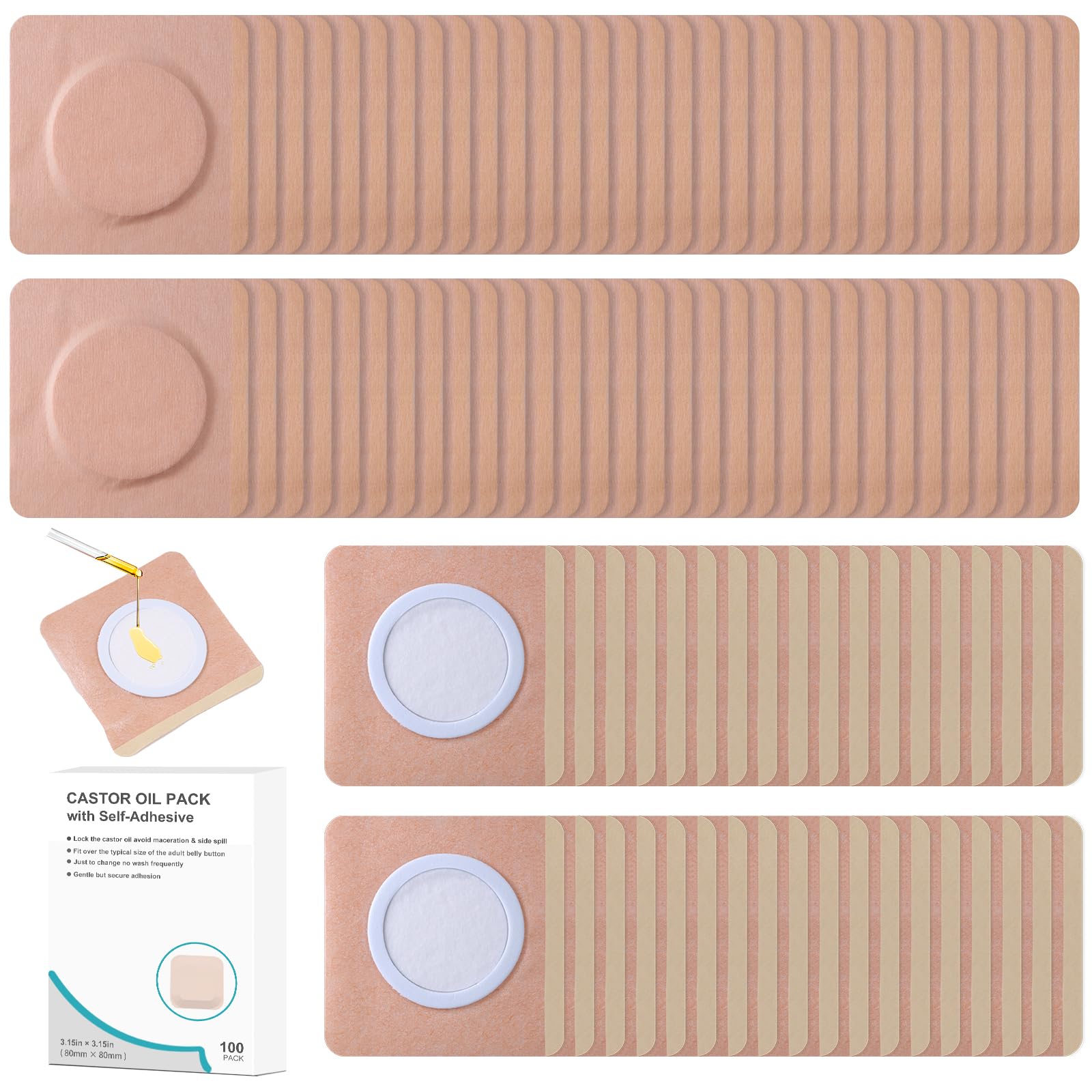 100Pcs Castor Oil Organic Belly Button Patches | Hypoallergenic Self-Adhesive Disposable, Anti-Seepage & Breathable | Portable Highly Absorbent Cotton