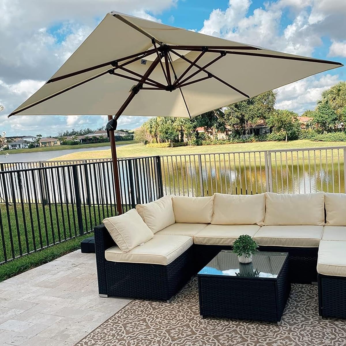 PURPLE LEAF 9ft Patio Umbrella Outdoor Square Umbrellas Large Cantilever Umbrella Windproof Offset Umbrellas Heavy Duty Sun Umbrella for Garden Deck Pool Patio, Cream