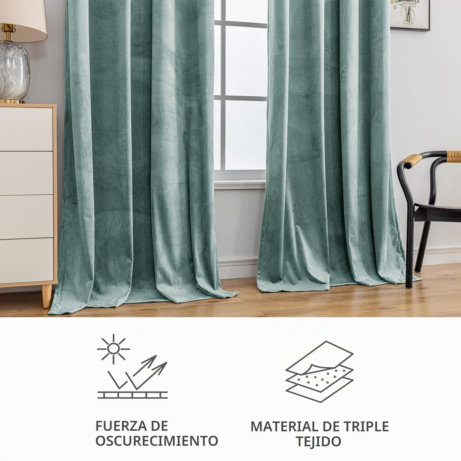 YSTELLAA Cortinas Terciopelo Opacas 2 Piezas, 140×300CM, Cortinas Termicas Aislantes Frio Y Calor, con Ojales, Insonorizantes, Modernas, para Salon Dormitorio, Verde