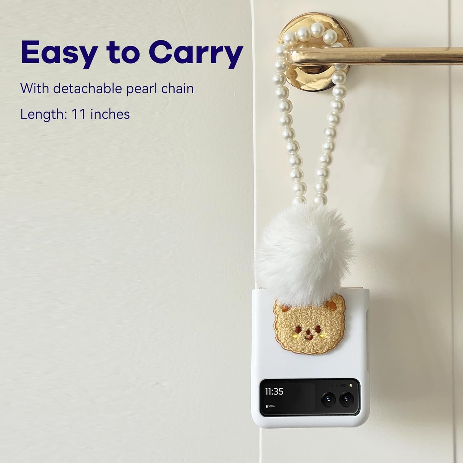 for Motorola Razr 2023 Case with Ring Holder & Pearl Chain, Moto Razr 2023 Case Cute Bear Design Full Protection Shockproof Cover for Motorola Razr 2023, White