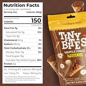 BeeMax Tiny Bites Hazelnut Mini Waffle Cones - 4.24 oz Bag (Pack of 2) - Perfect Blend of Crispy Waffle Cones Filled with Hazelnut & Milk Chocolate - Bite-Sized Snack for Dessert or Ice Cream Toppings