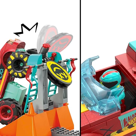 MEGA Hot Wheels Monster Trucks Building Toy, Demo Derby Extreme Trick Course with 151 Pieces, 1 Micro Action Figure Driver, Red, Kids Age 5+ Years