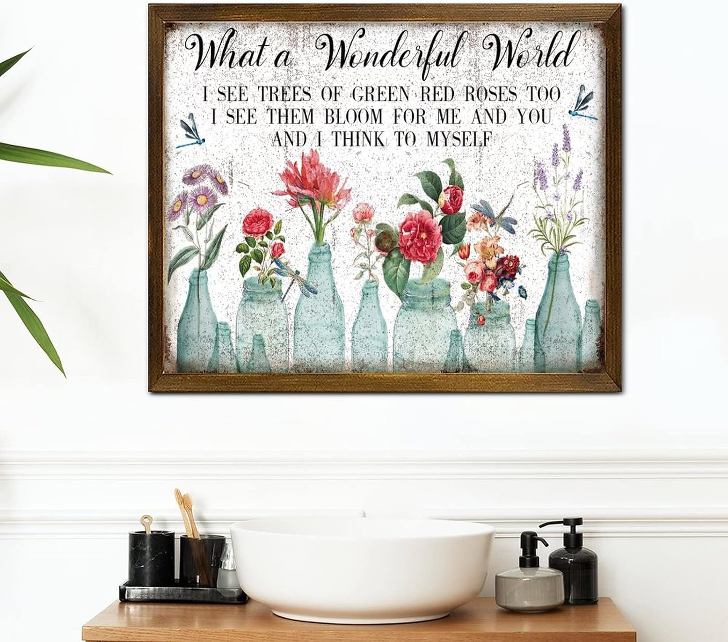 What A Wonderful World Framed Wooden Signs Vintage Dragonfly Tulip Rose Flower Vase Wood Plank Hanging Sign Retro Nature Plants Wall Decor Farmhouse Rustic Wooden for Grandpa Papa Dad 16x20 Inch