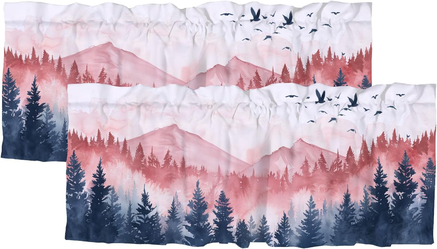 Mountains Forest Valance Curtain for Kithchen Windows Watercolor Tree Silhouette Natur Short Kitchen Valance Rod Pocket Window Decor Curtain for Bedroom Living Room 2 Pack 52x 18 inch